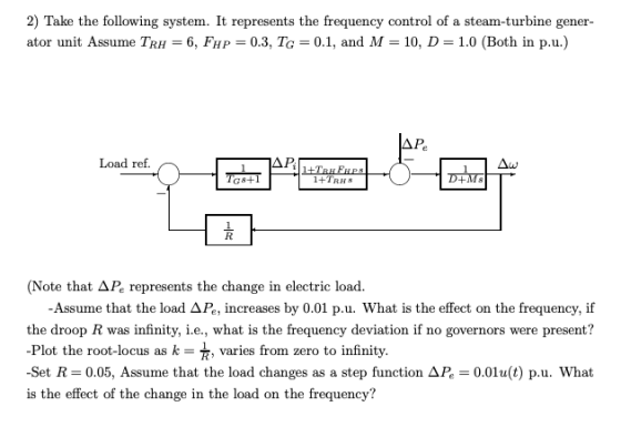 2) Take the following system. It represents the frequency control of a steam-turbine gener- ator unit Assume TRH = 6, FHP = 0