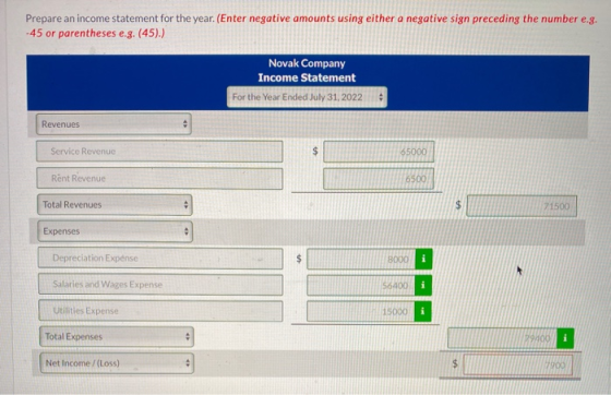 Prepare an income statement for the year. (Enter negative amounts using either a negative sign preceding the number e.g. -45