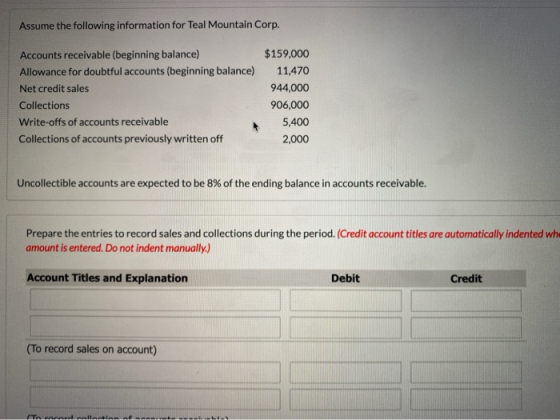 Assume the following information for Teal Mountain Corp. Accounts receivable (beginning balance) Allowance for doubtful accou
