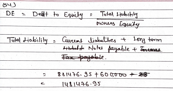 (sy) ) DE Deldt to Equity Total Habiting owners Equity Totel Liability Current liabilities & long form rebel it Notes payable