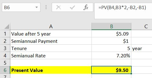 B6 xVB4,B3*2,-B2,-B1) 1 Value after 5 year 2 Semiannual Payment 3 Tenure $5.09 $1 year 4 Semianual Rate 6 Present Value $9.50