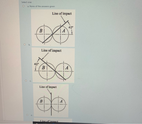 Select one: a. None of the answers given Line of impact 1 40° B А Ob. Line of impact 40* B A О с. Line of impact B А d. Line