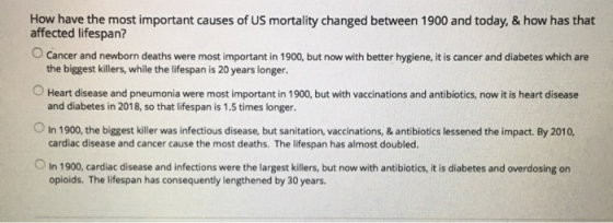 How have the most important causes of US mortality changed between 1900 and today, & how has that affected lifespan? Cancer a