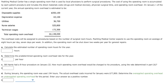 Poehling Medical Center has a single operating room that is used by local physicians to perform surgical procedures. The cost