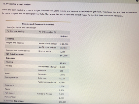 10. Preparing a cash budget Brock and Sam started to create a budget (based on last years income and expense statement) but