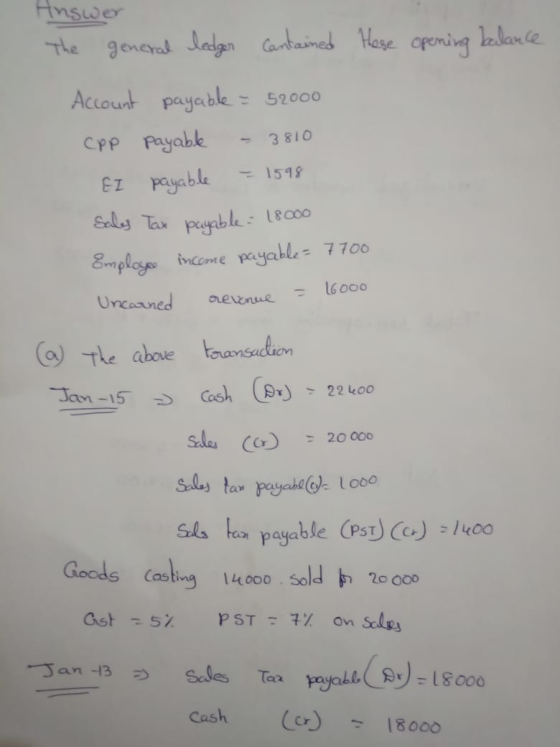 Answer The general ledger contained here opening balance Account payable = 52000 cpp payable - 3810 El payable = 1598 Sales T