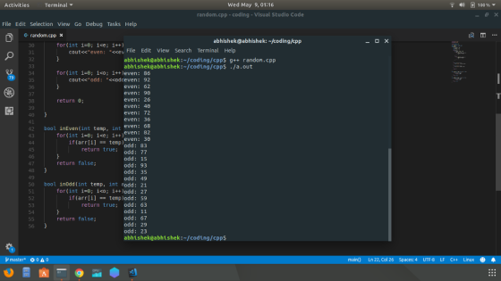 Activities Terminal ▼ Wed May 9, 01:16 40 100% random.cpp-coding- Visual Studio Code File Edit Selection View Go Debug Tasks