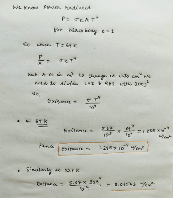 We know power radiated PJATY for blackbody e=1 So when T=69K F ret but A is in m? to change it into con? we need to divide L