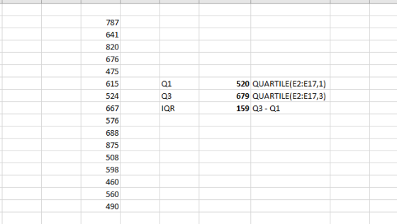787 641 820 676 475 615 524 667 576 688 Q1 Q3 IQR 520 QUARTILE(E2:E17,1) 679 QUARTILE(E2:E17,3) 159 Q3 - Q1 875 508 598 460 5