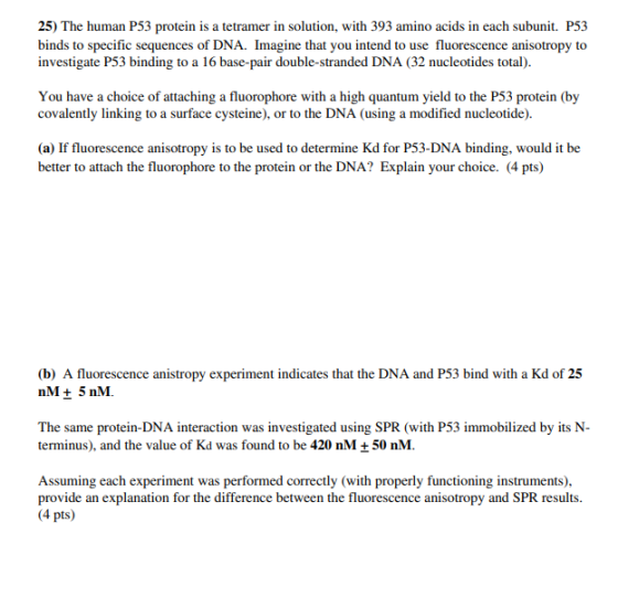25) The human P53 protein is a tetramer in solution, with 393 amino acids in each subunit. P53 binds to specific sequences of