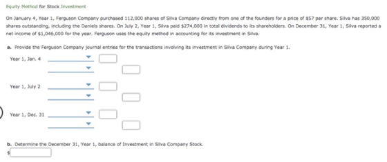 Equity Method for Stock Investment On January 4, Year 1, Ferguson Company purchased 112,000 shares of Silva Company directly