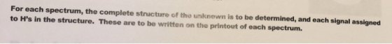 For each spectrum, the complete structure of the unknown is to be determined, and each signal assigned to Hs in the structur