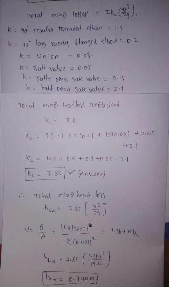 k- 90 regtelan threaded elbow = 1,s s (ang Yadiuy flanged elbou o 2 Ball valve- 0-os k halt open gak valve 2.1 k Union 08 Total min head los toefbi ci nt 3 (i5) 2 (o 2) toto os) 0.OS Total mino head lo 2G (0.021,- (9,62ノ
