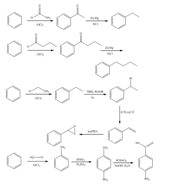 Zn-Hg HCI AICI Zn-Hg HCl cl AICl NBS, ROOR AICI (CH3)Co mcPBA но CH3 CH3 KMnO4 HNO3 H S04 H3Cc NaOH, H20 AICI NO2 NO2