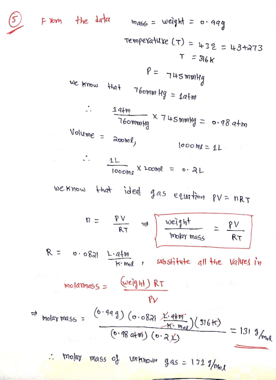 weight= o 449 the data mass F Yom Temperature (T) 432 43+273 T 316K we know that = latm 14tm x 745mm o.98 atm 76owwg Volume =