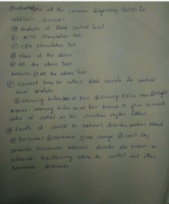 Ouohatbss alt the conmmen chognoshing titts) for oddisons disease? e comen chagn6sh Araly tis of Boed covhsl lovel ACTH timl