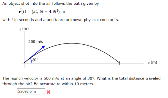 An object shot into the air follows the path given by F(t) = (at, bt – 4.9t2) m with t in seconds and a and b are unknown phy