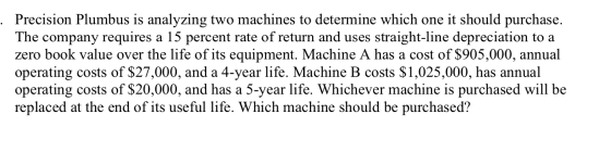 Precision Plumbus is analyzing two machines to determine which one it should purchase. The company requires a 15 percent rate