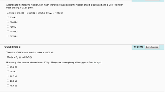 According to the following reaction, how much energy is evolved during the reaction of 32.5 g B2H6 and 72.5 g Cl2? The molar