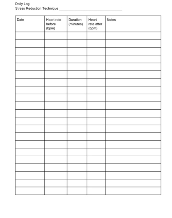 Daily Log Stress Reduction Technique Date Notes Heart rate before Duration Heart (minutes) rate after (bpm) (bpm)
