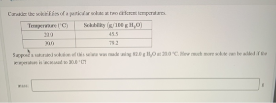 Consider the solubilities of a particular solute at two different temperatures. Temperature (°C) 20.0 30.0 Solubility (g/100