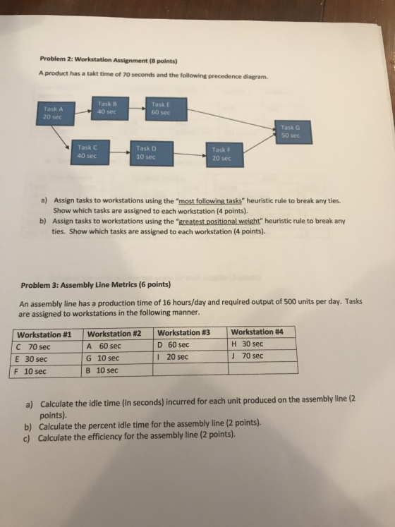 Problem 2: Workstation Assignment (8 points) A product has a takt time of 70 seconds and the following precedence diagram. Ta