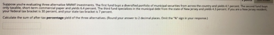 Suppose youre evaluating three alternative MMMF investments. The first fund buys a diversified portfolio of municipal securi