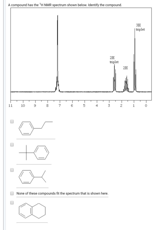 A compound has the H NMR spectrum shown below. Identify the compound. 3H triplet 2H triplet 2H 11 10 9 00 7 0) 5 4 3 N 1 0 N