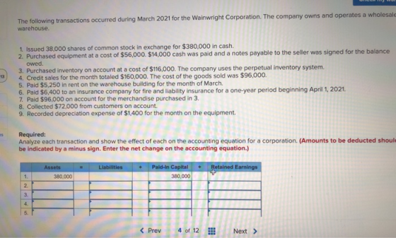The following transactions occurred during March 2021 for the Wainwright Corporation. The company owns and operates a wholesa