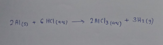 BALO * tion – amelyen +34 2 A1 (5) + 6 HCl(aq) - 2 A1C13(aq) + 3H2 (9)
