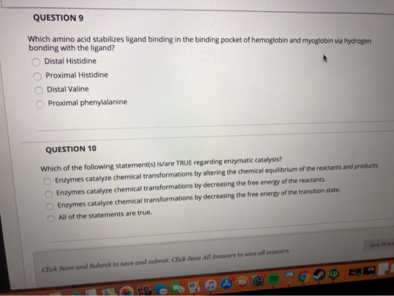 QUESTION 9 Which amino acid stabilizes ligand binding in the binding pocket of hemoglobin and myoglobin via hydrogen bonding