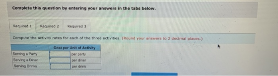 Complete this question by entering your answers in the tabs below. Required 1 Required 2 Required 3 Compute the activity rate