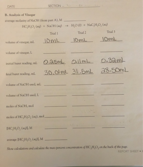 DATE SECTION - B. Analysis of Vinegar average molarity of NaOH (from part A), M HC,H,O, (aq) + NaOH(aq) → H,O (1) + NaC,H,O,