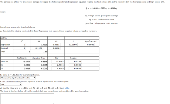 The admissions officer for Clearwater College developed the following estimated regression equation relating the final colleg