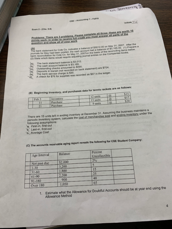 n gomerni ng CSE-Accounting 1-Fall19 InitialsTV Exam 2-(Chs. 5-6) Problems: There are 3 problems, Please complete all three: