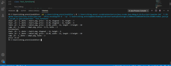 class Test_Furniture{ 155 156 Run Debug PROBLEMS 4 OUTPUT DEBUG CONSOLE TERMINAL 4: Java Process Console v + А PS C:\Users\ch
