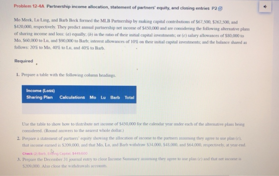 Problem 12-4A Partnership income allocation, statement of partners equity, and closing entries P2e Mo Meek, Lu Ling, and Bar