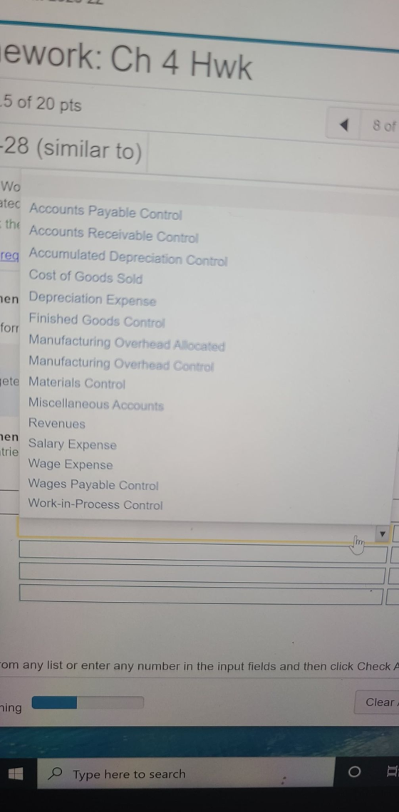lework: Ch 4 Hwk 5 of 20 pts 8 of -28 (similar to reg Wo etes Accounts Payable Control the Accounts Receivable Control Accumu