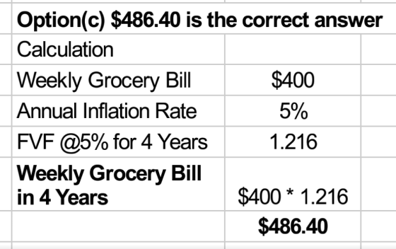 Option(c) $486.40 is the correct answer Calculation Weekly Grocery Bill $400 Annual Inflation Rate 5% FVF @5% for 4 Years 1.2