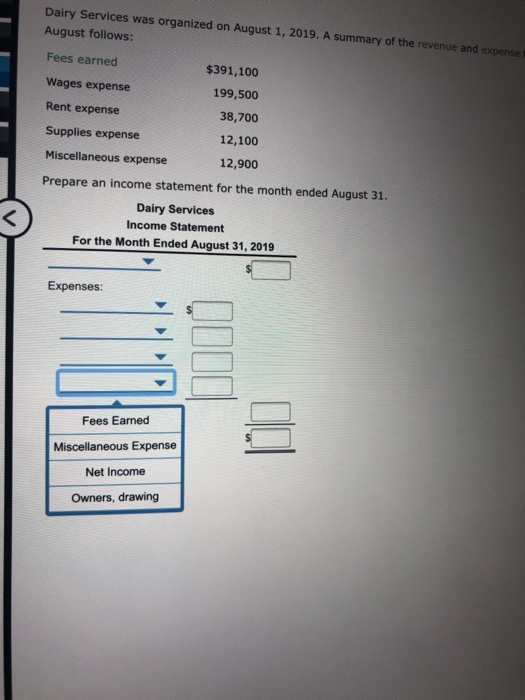 Dairy Services was organized on August 1, 2019. A summary of the revenue and expense August follows: Fees earned $391,100 Wag