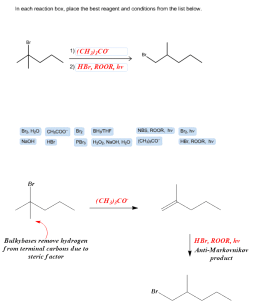 In each reaction box, place the best reagent and conditions from the list below. Br 1) (CH3)3CO. 2) HBr, ROOR, hv NBS, ROOR, Br2, hv NaOHHBr | PBr3 H2O2, NaOH, H2O (CH?CO- HBr, ROOR,nhv) Br Bulkybases remove hydrogen from terminal carbons due to stericfactor HBr, ROOR, hv Anti-Markovnikov product Br