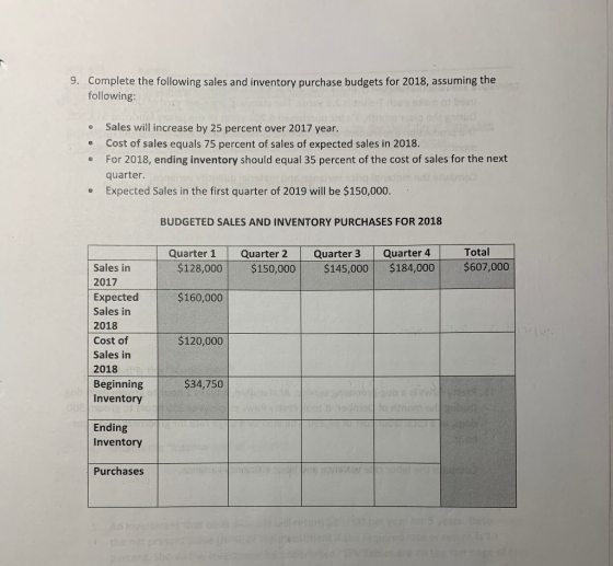 9. Complete the following sales and inventory purchase budgets for 2018, assuming the following: • • Sales will increase by 2