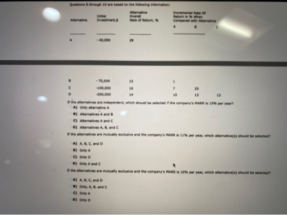 Questions through 10 are based on the following information Incremental Rate of Muwhen Came ramat Over Beat Alternative - 75,