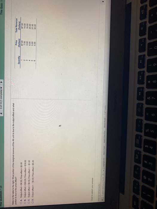 This question: 1 4 3 of 10 (1 completej > This Quiz: 10 Refer to the table to the right. What portion of the marginal revenue