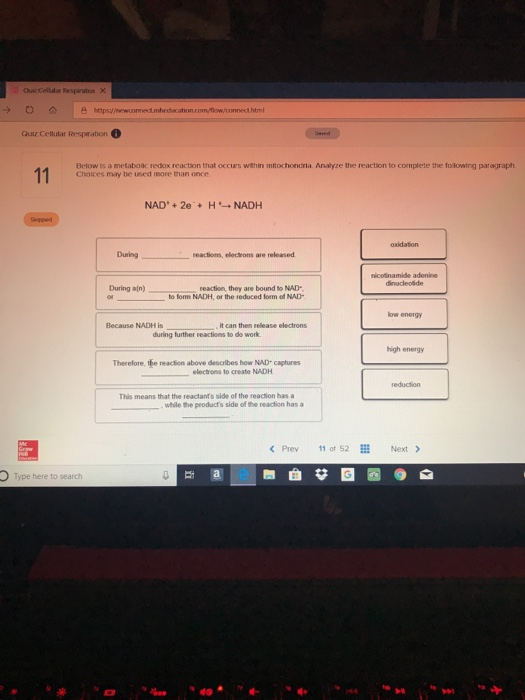2 htps/newconnedt mhedacation.comflow/connect html Quur Celludar Resparation Below ts a metaboic redox reaction that occiurs