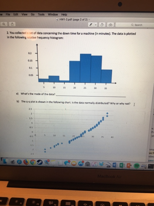 w File Edit View Go Tools Window Help HW1-2.pdf (page 2 of 2) Q Search 2. You collected a set of data concerning the down time for a machine (in minutes). The data is plotted in the following relative frequency histogram: 0.2 0.15 0.1 0.05 10 15 20 25 30 a) Whats the mode of the data? b) The q-q plot is shown in the following chart. ls the data normally distributed? Why or why not? 2.5 1.5 05 th oss 10 15 20 0 s 40 15 ve f idec 2.5 80