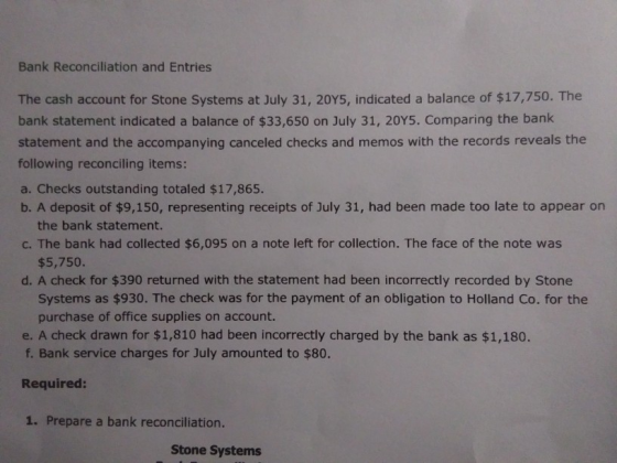 Bank Reconciliation and Entries The cash account for Stone Systems at July 31, 2045, indicated a balance of $17,750. The bank