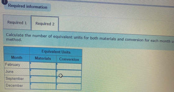 Required information Required 1 Required 2 Calculate the number of equivalent units for both materials and conversion for eac