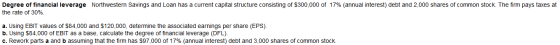 Degree of financial leverage Northwestern Savings and Loan has a current capital structure consisting of $300,000 of 17% (ann