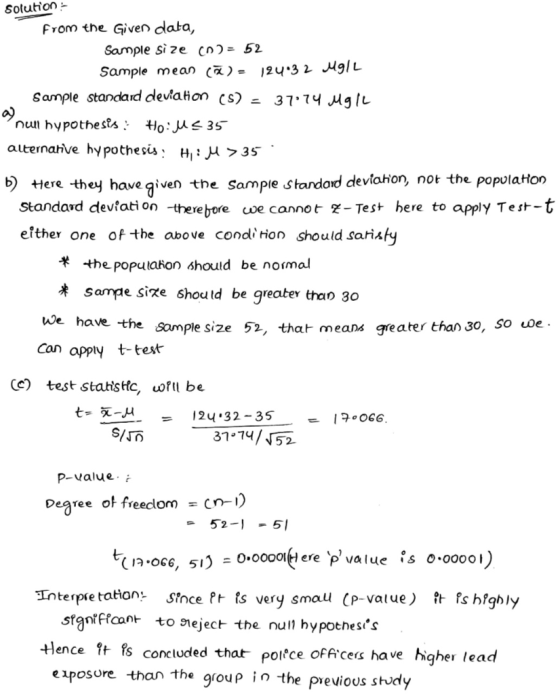 Solution - from the Given data, Sample size (n ) = 52 Sample mean (a)= 124.32 Mgll Sample standard deviation (S) = 37.74 Mg/L